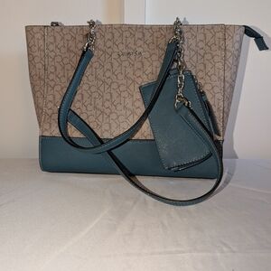Calvin Klein Teal & Cream Hudson Signature PVC Shoulder Bag/Coin Purse